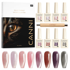 CANNI front packaging showing eight 9ml cat eye gel bottles and included magnet, perfect kit