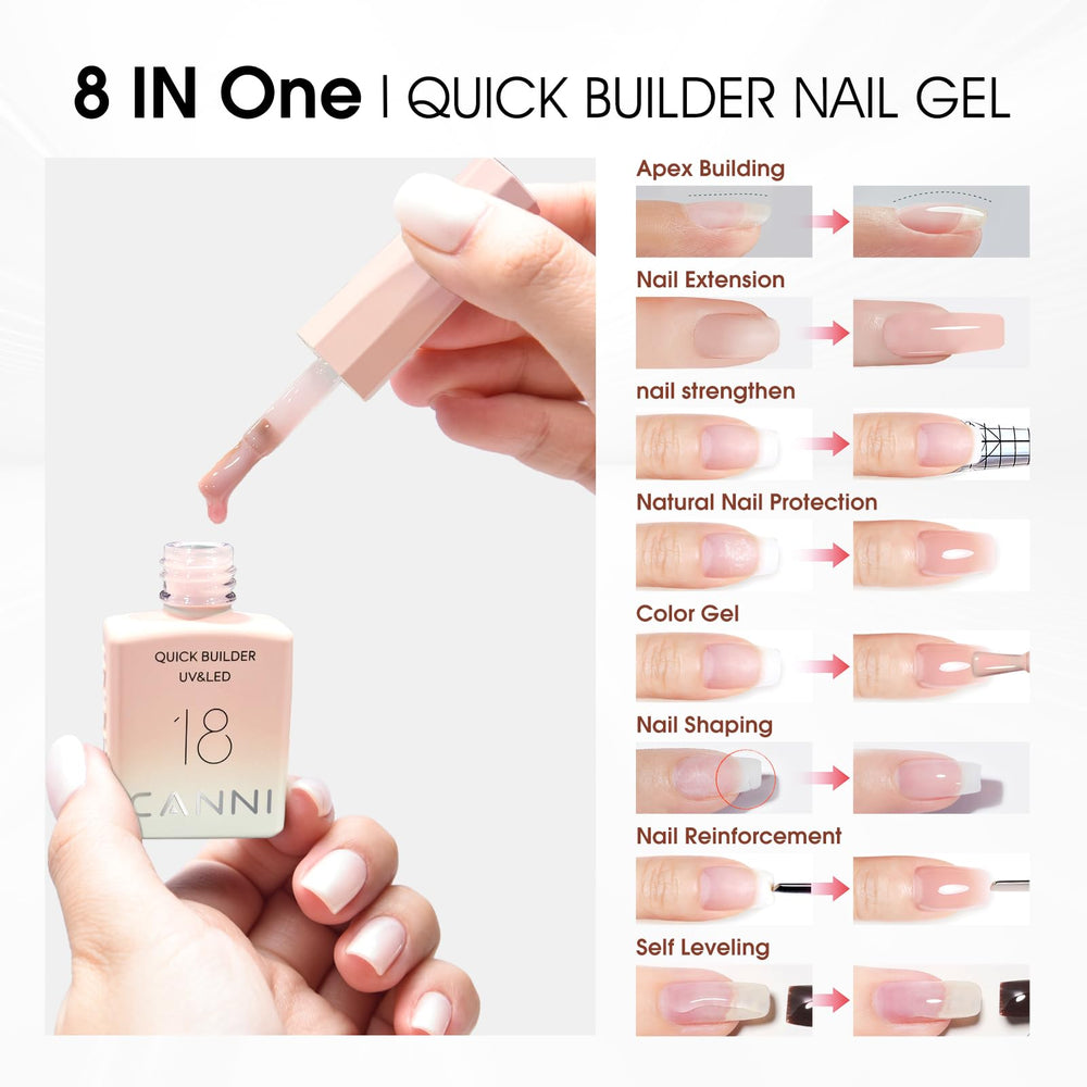 CANNI open bottle with brush demonstrates smooth builder-gel application