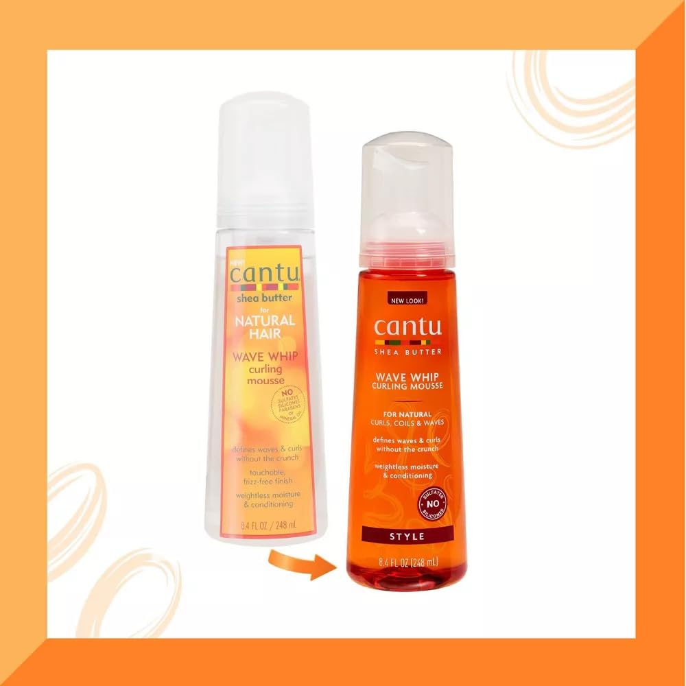 Cantu mousse pump and 8.4 oz label highlighting easy dispensing