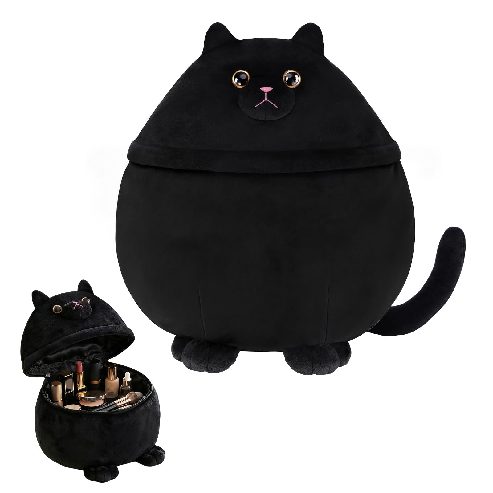 Cantustime front view of plush black cat bag showing cute design and easy storage