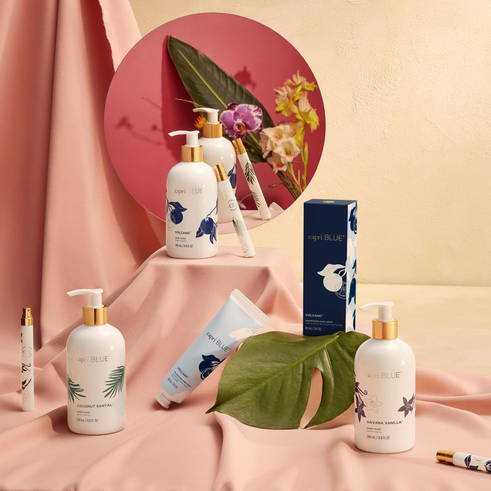 Capri Blue in bathroom styling shot on vanity, adds color and a fresh scent to decor