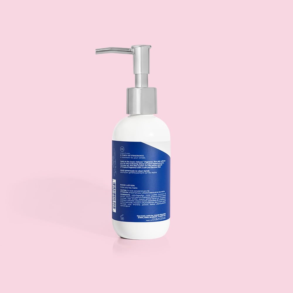 Capri Blue bottle in tropical setting conveying vibrant Volcano fragrance mood