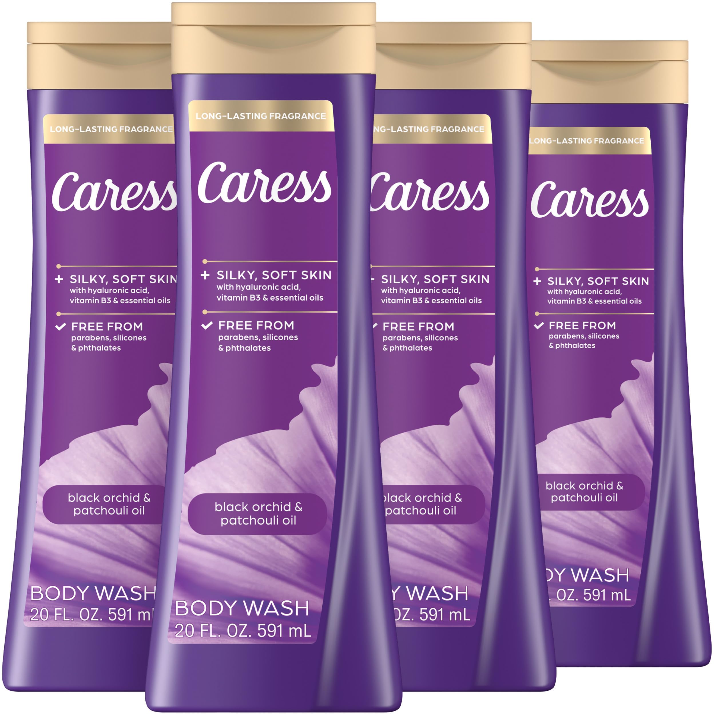 Caress bottle front showing Black Orchid scent and long-lasting fragrance