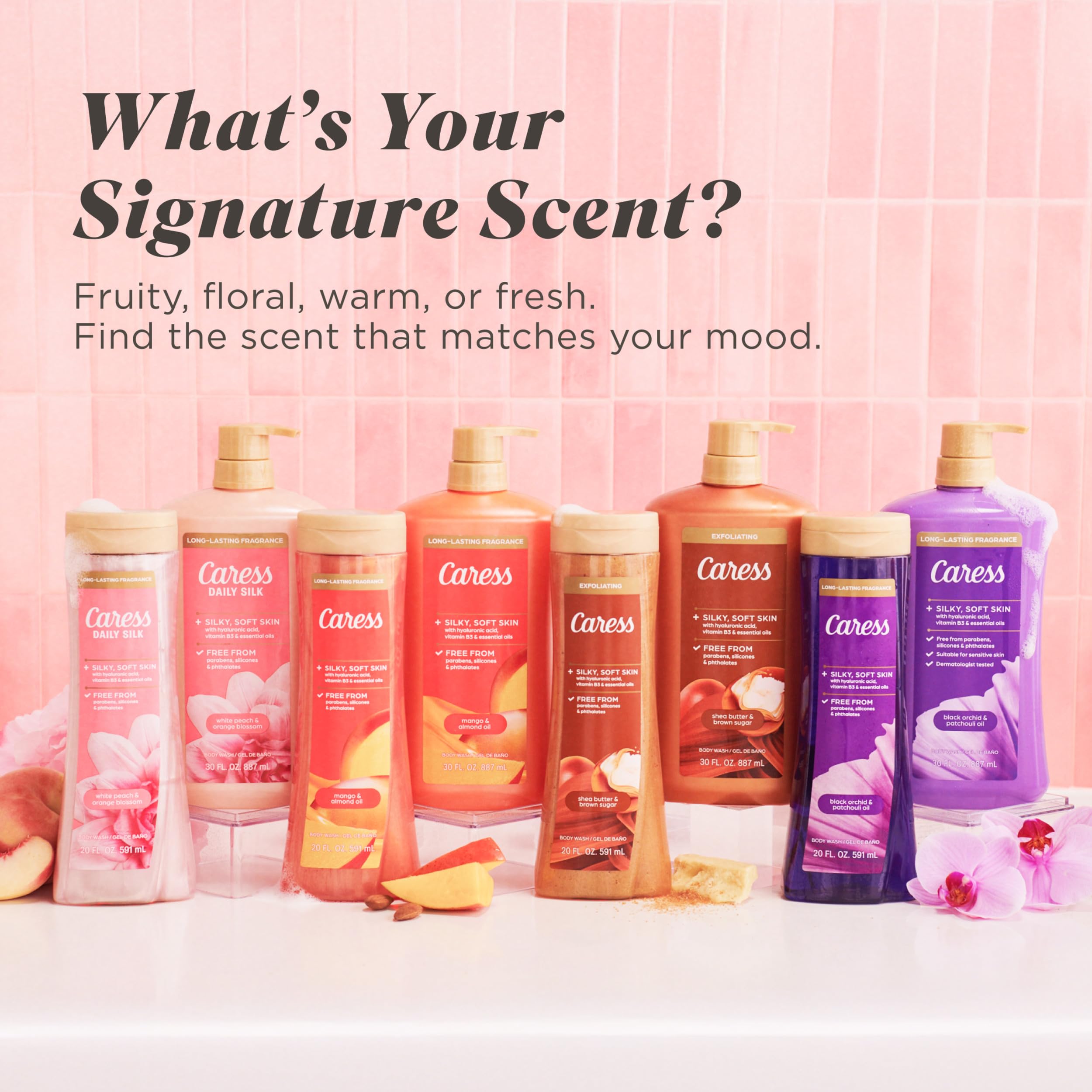 Caress on bathroom vanity in lifestyle shot showing fragrant indulgence benefit