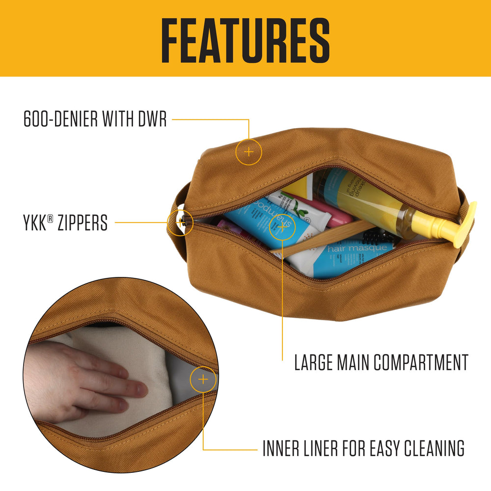 Carhartt travel kit open showcasing wipe-clean interior and organized grooming access