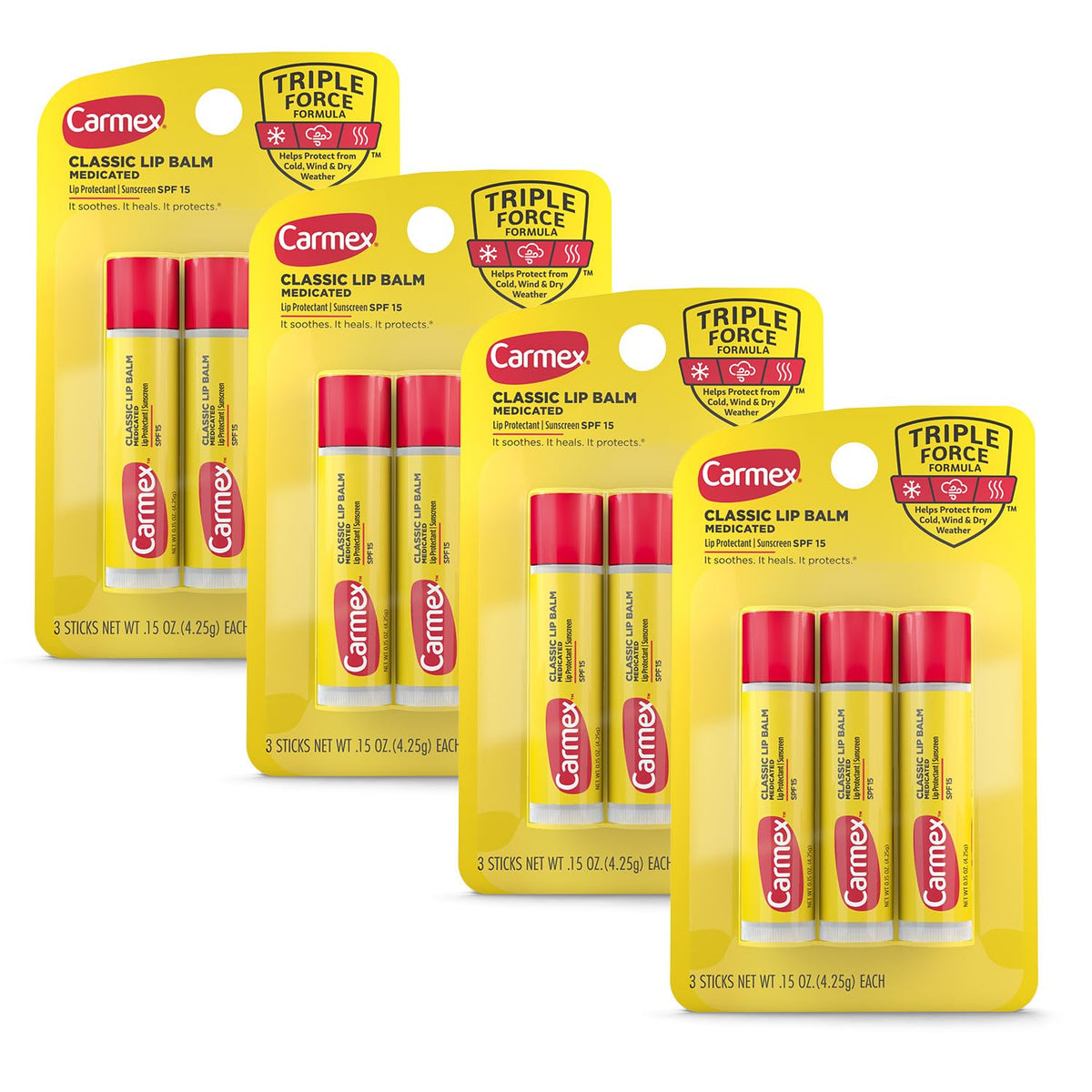 Carmex front packaging showing 12-count bundle and convenience