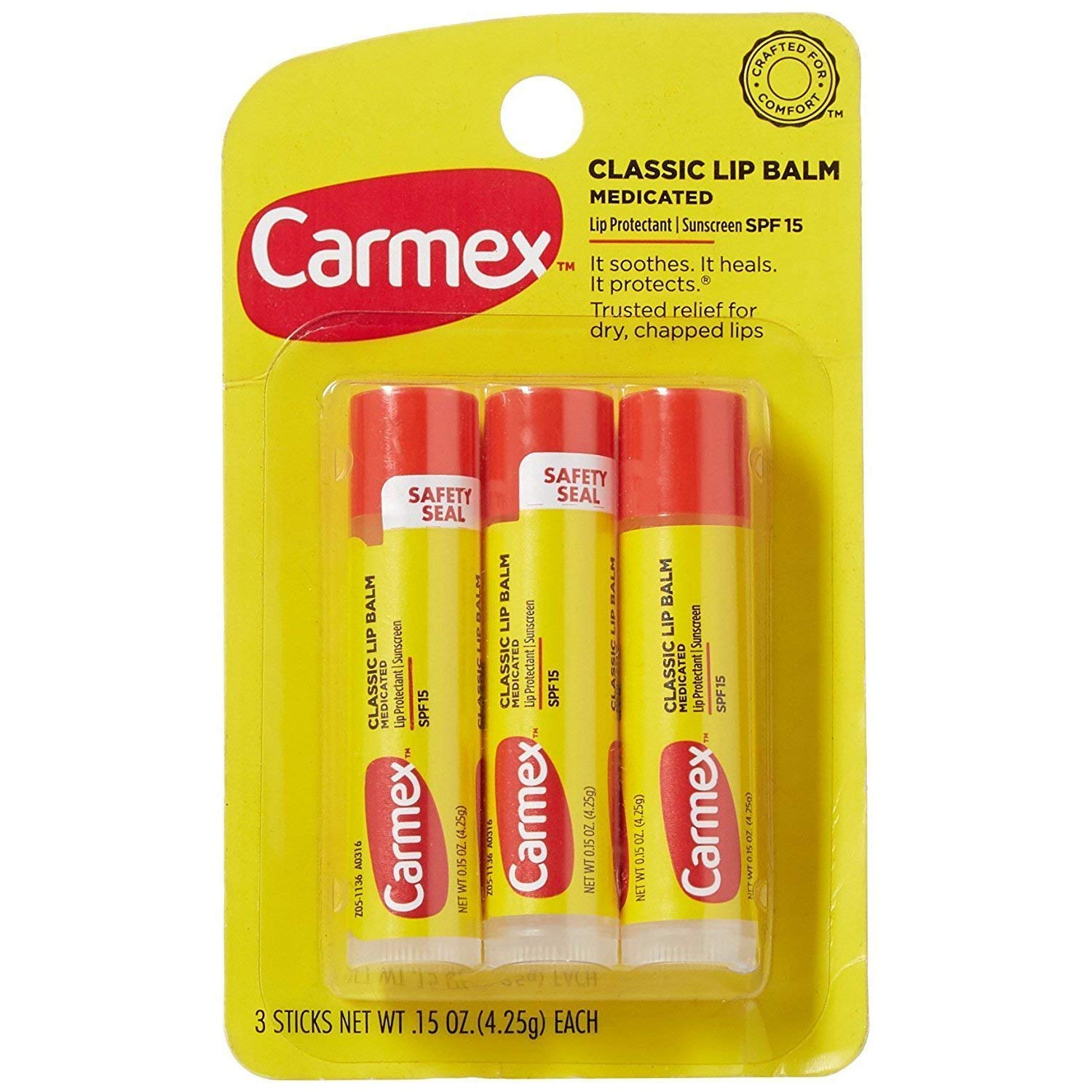 Carmex front packaging showing three medicated lip balm sticks and benefits