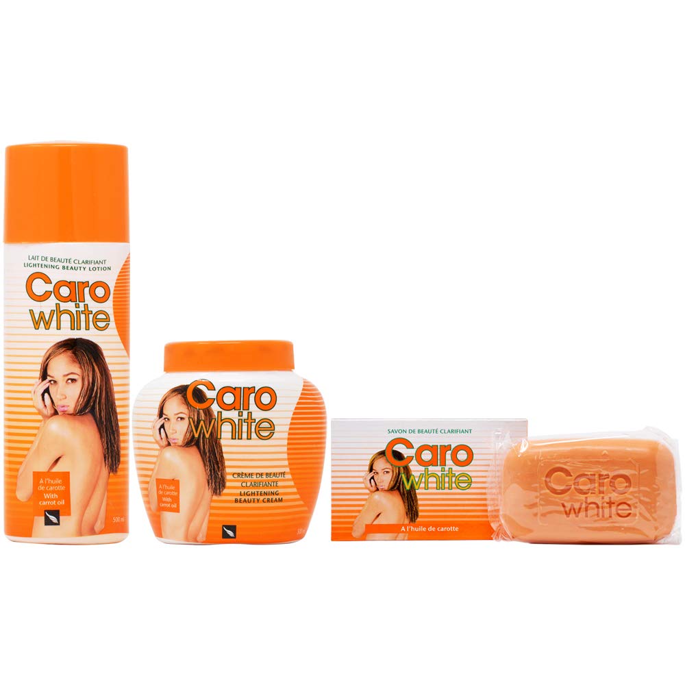 Caro White front packaging showing lotion cream and soap, clear product identities and benefits
