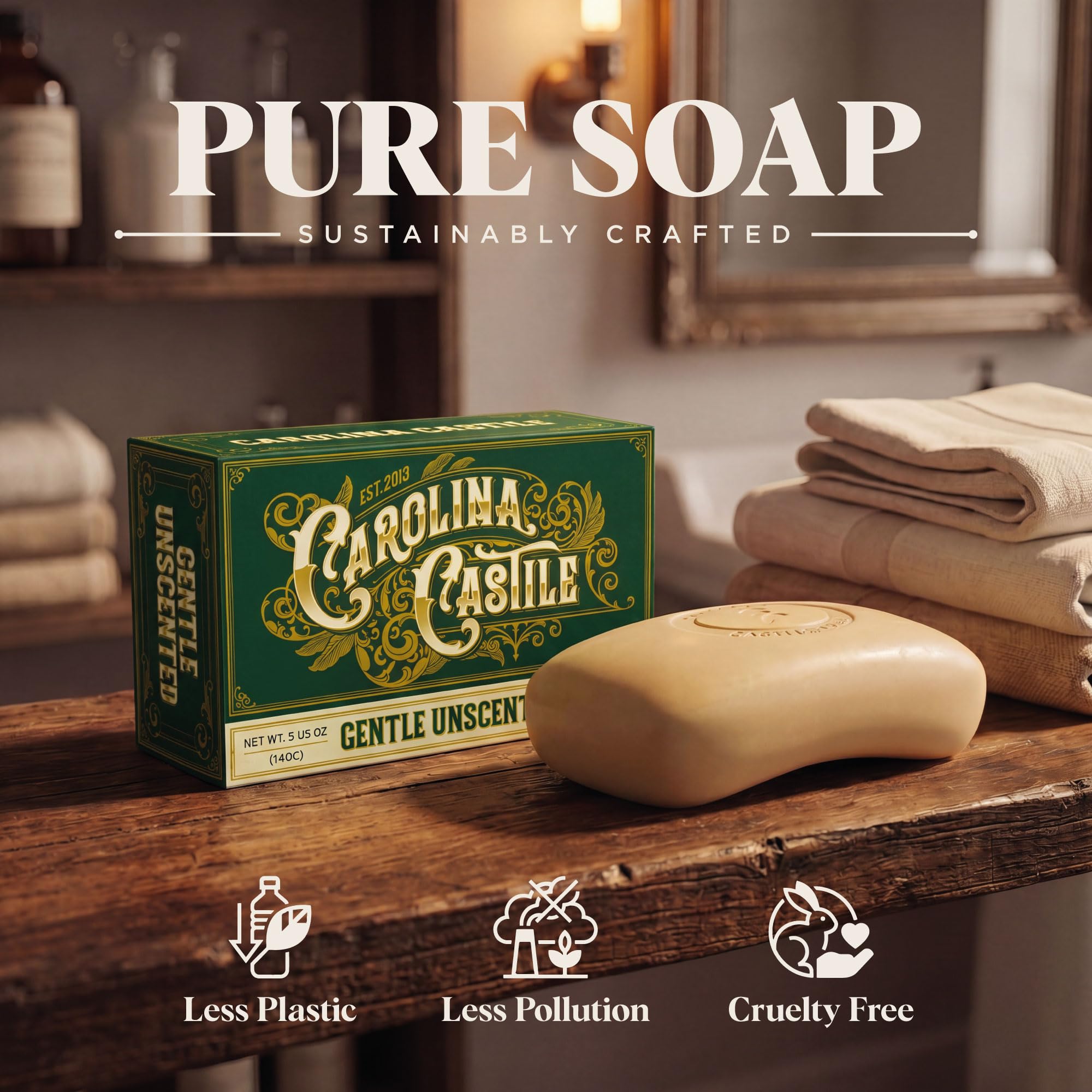 Carolina Castile Soap placed in bathroom setting conveying everyday use and style