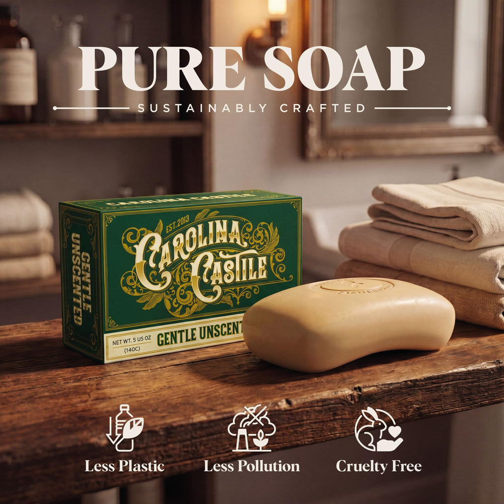 Carolina Castile Soap placed in bathroom setting conveying everyday use and style
