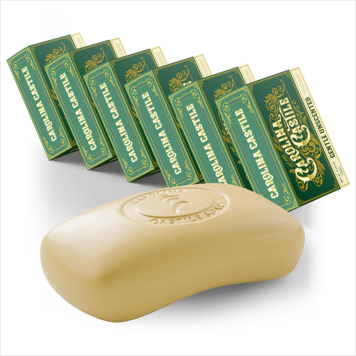 Carolina Castile Soap front packaging showing six unscented bars and benefits