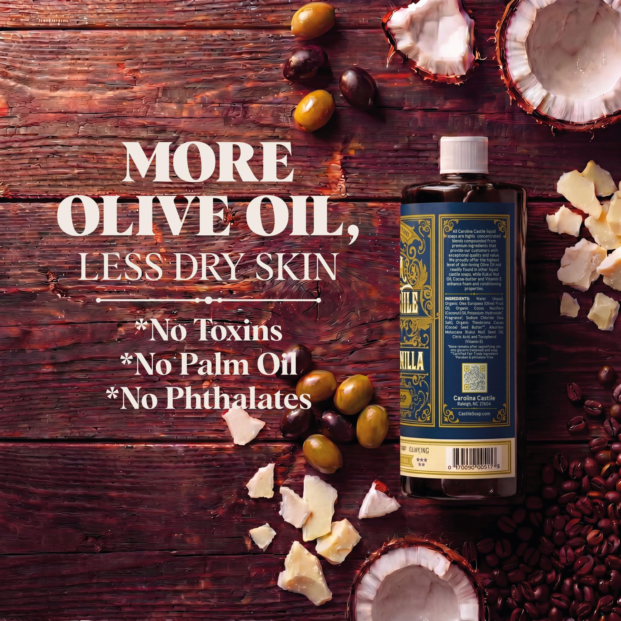 Carolina Castile label close-up showing organic ingredients and clean formulation benefit