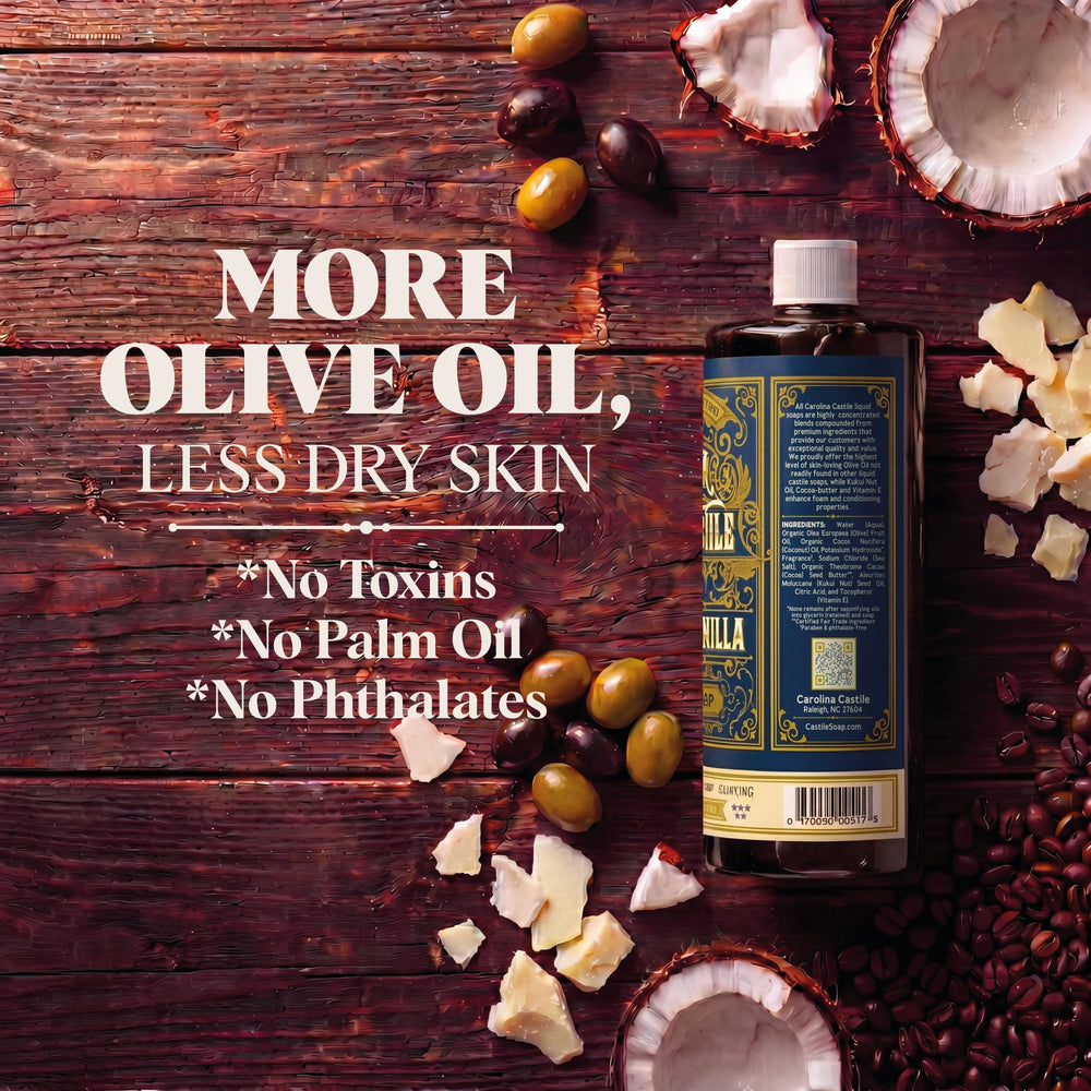 Carolina Castile label close-up showing organic ingredients and clean formulation benefit