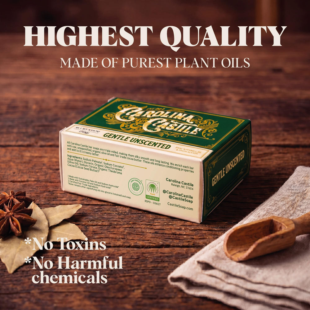 Carolina Castile Soap rich silky lather on hand demonstrating gentle cleansing