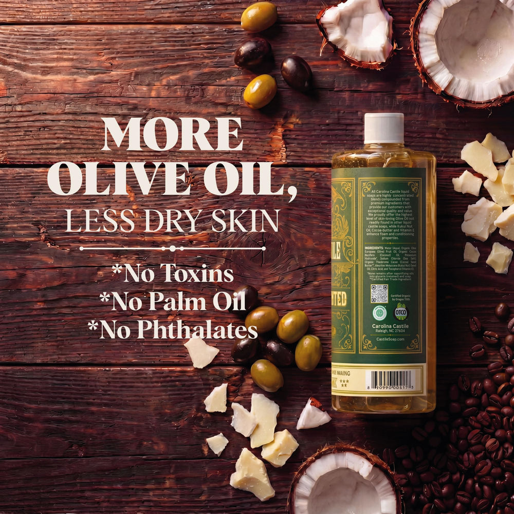 Organic olive oil ingredient visual with Carolina Castile Soap branding benefit