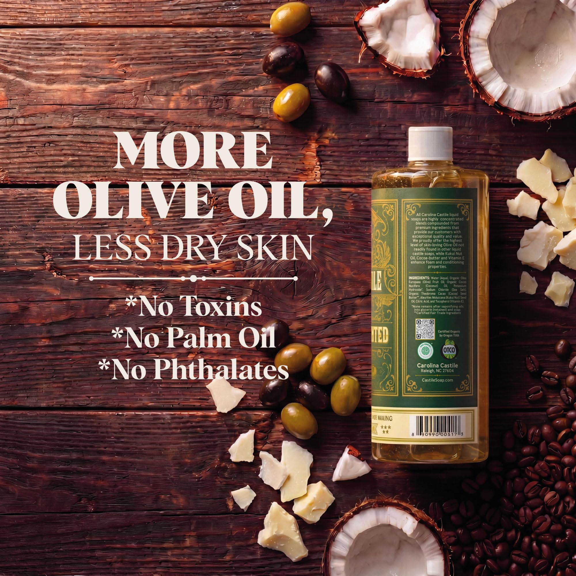 Carolina Castile Soap label close-up listing organic ingredients and certifications benefit