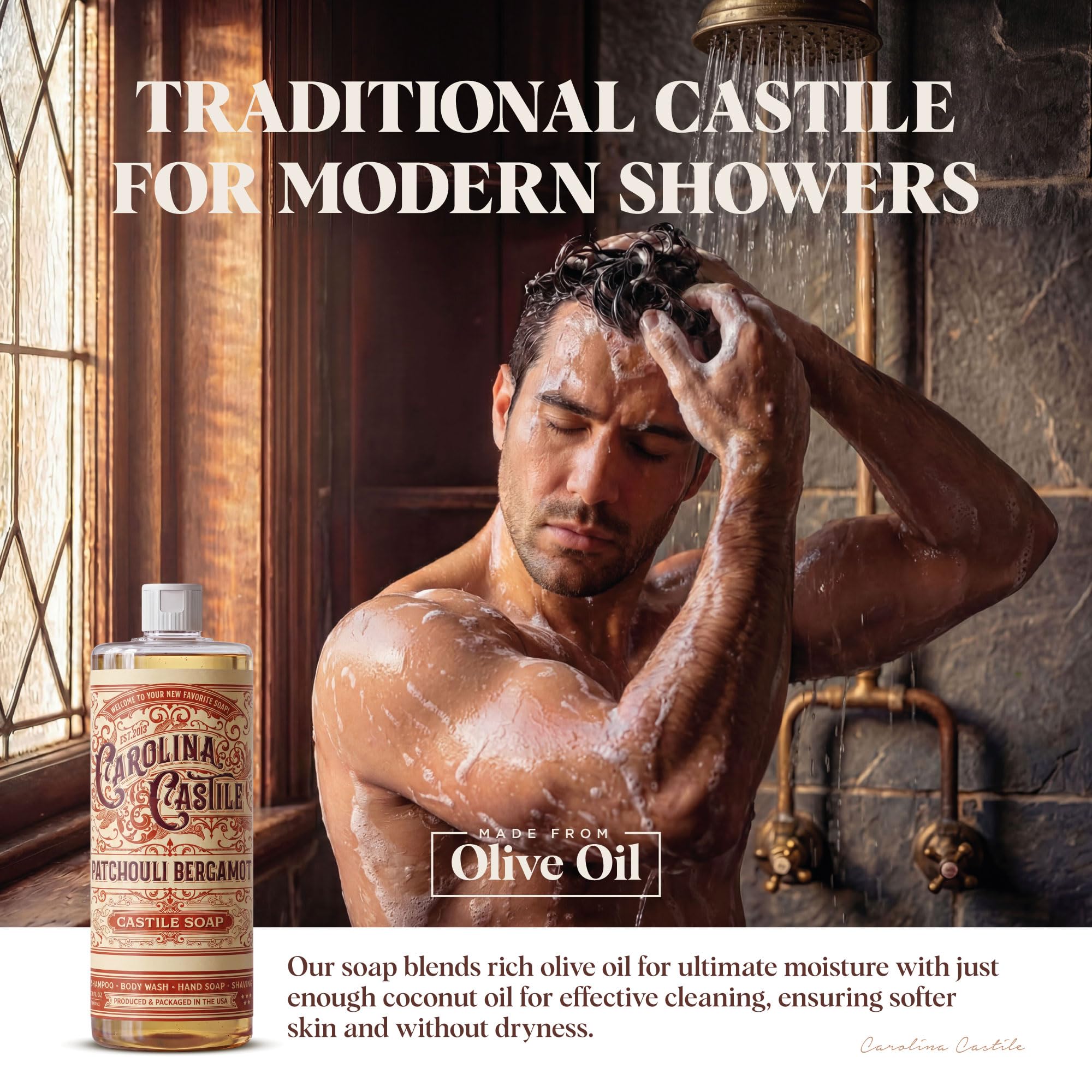 Carolina Castile Soap bottle staged in bathroom for everyday use