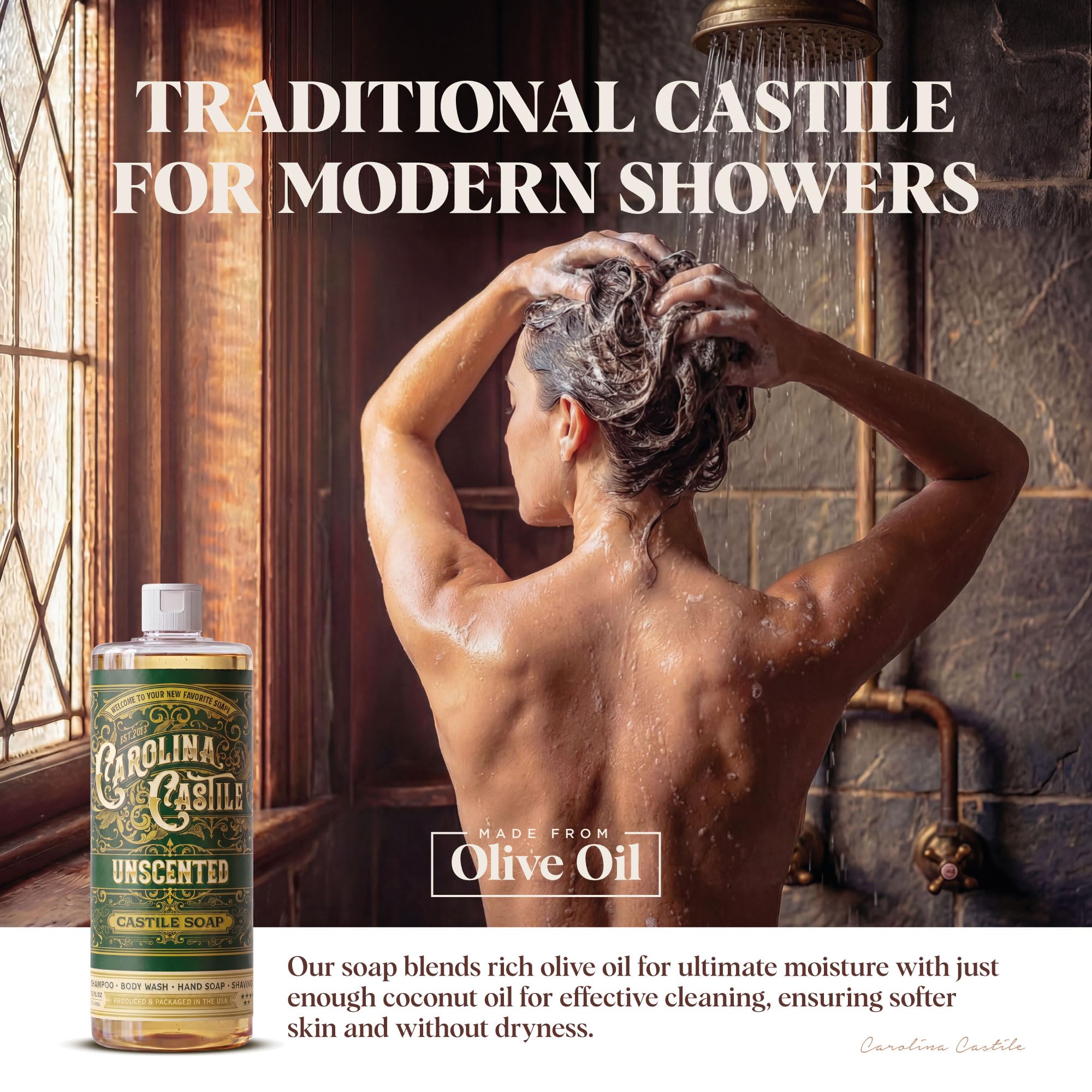 Using Carolina Castile Soap as shampoo on wet hair for mild wash