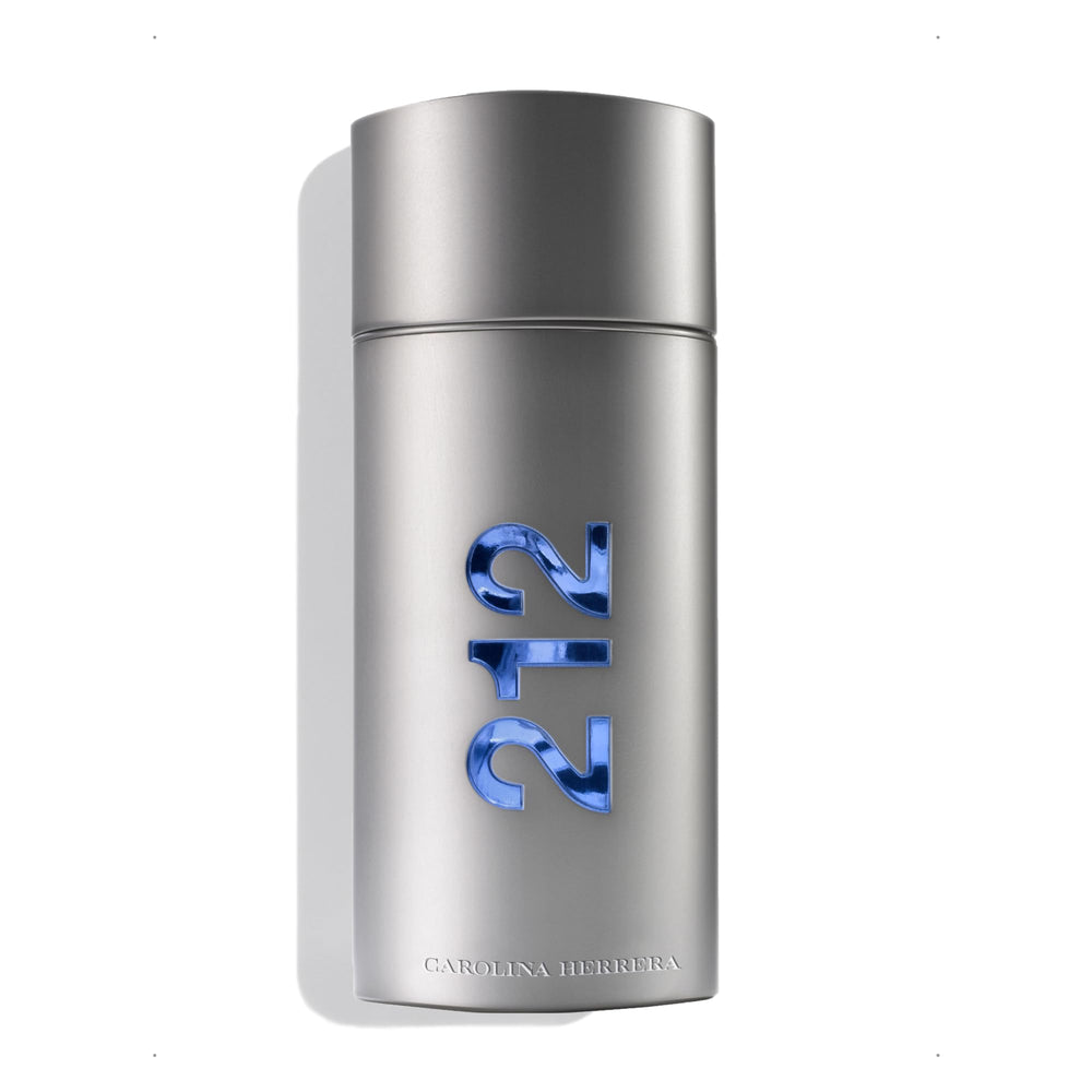 Carolina Herrera 212 NYC front bottle shows urban metallic design and instant style