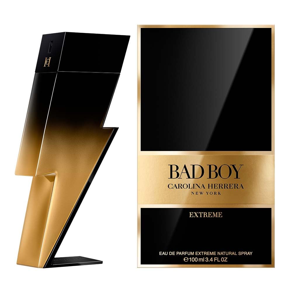 Carolina Herrera close-up of Bad Boy Extreme glass bottle revealing texture and shine