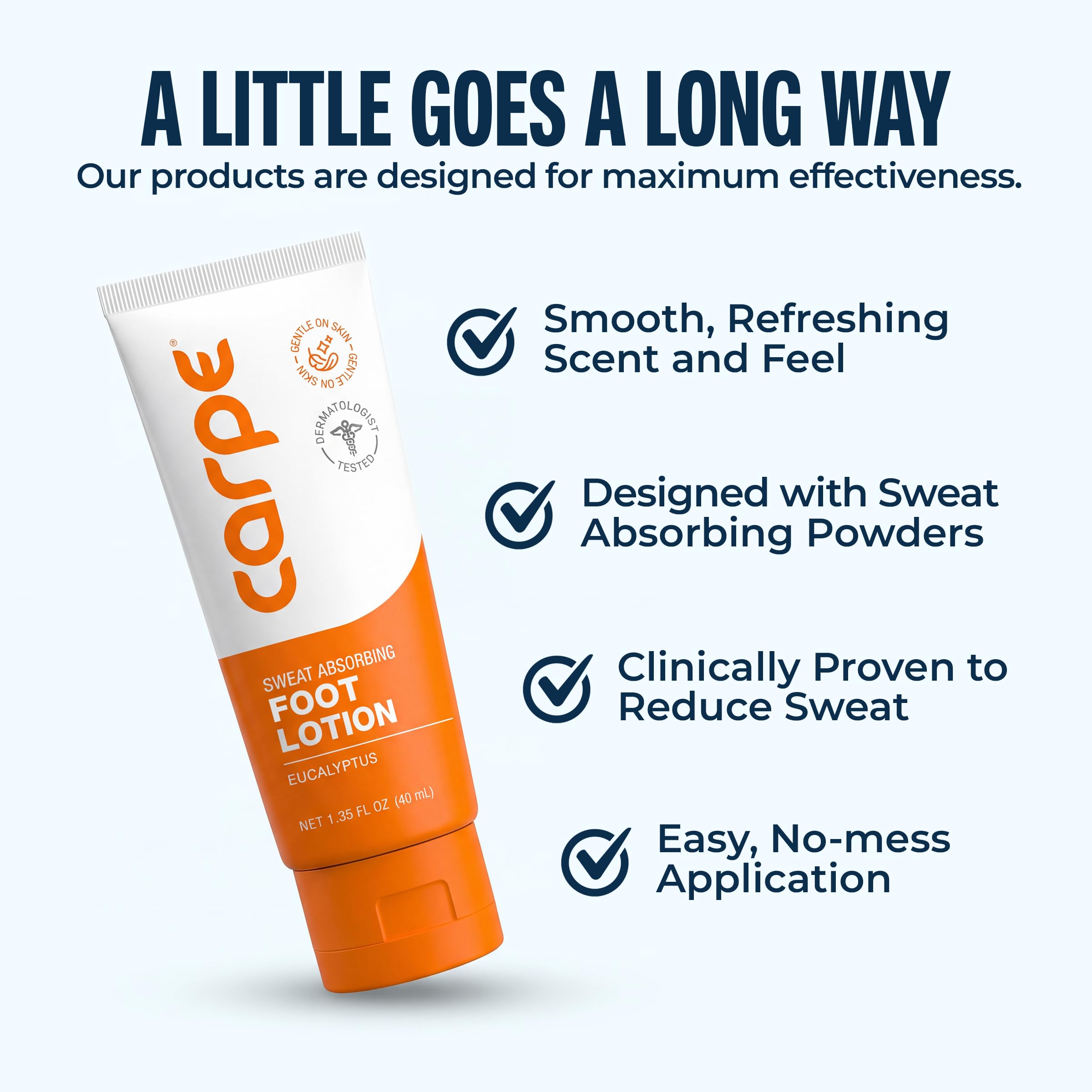 Carpe applicator applying lotion to soles and toes to reduce sweat