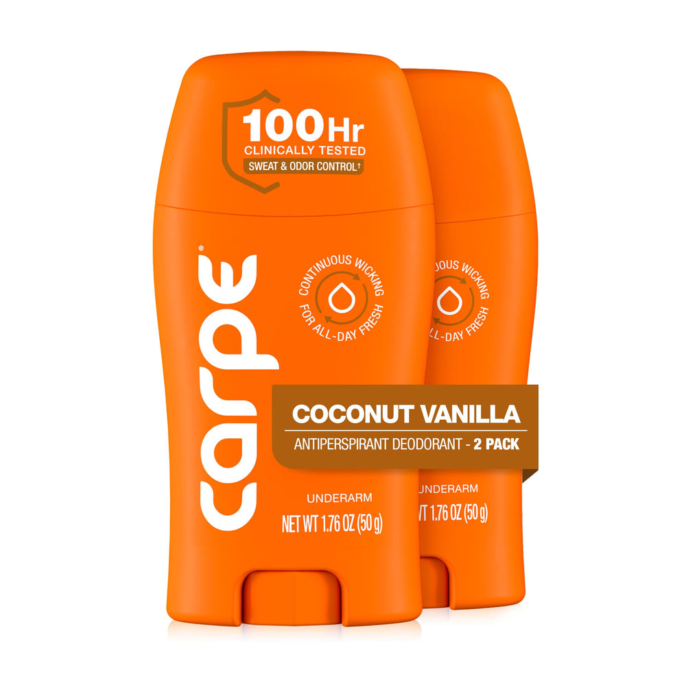 Carpe product front packaging showing Coconut Vanilla scent and clinical strength benefit