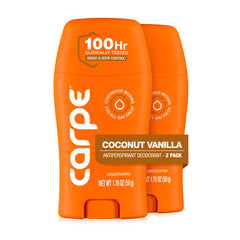 Carpe product front packaging showing Coconut Vanilla scent and clinical strength benefit