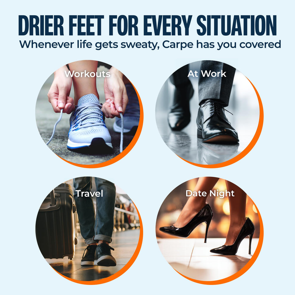 Side-by-side dry versus sweaty feet graphic showing Carpe sweat reduction