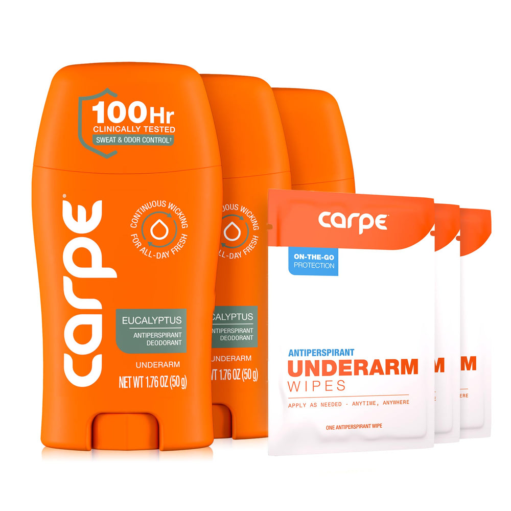 Carpe eucalyptus front packaging showing three sticks and bonus wipes for value