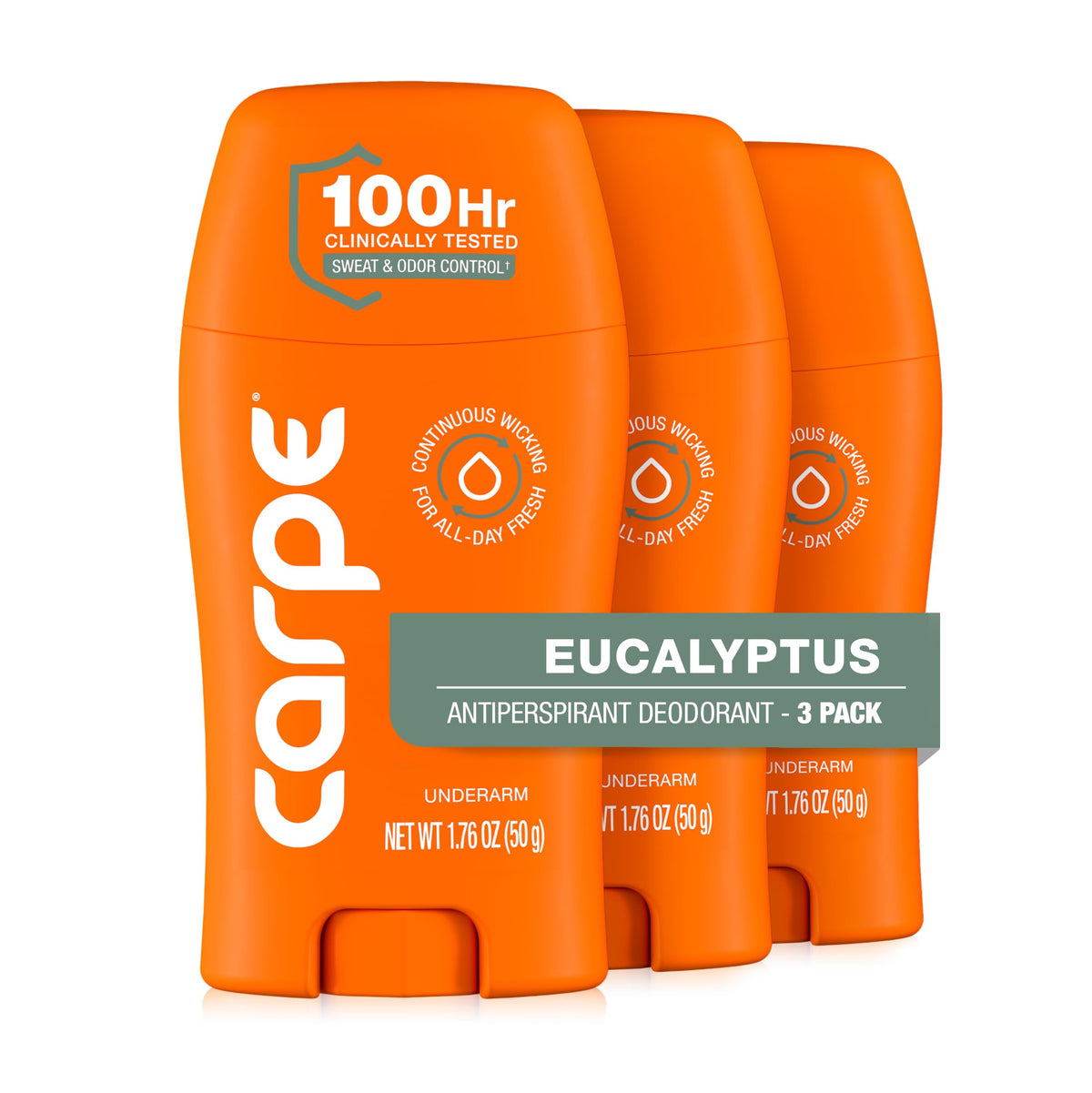 Carpe front packaging showing eucalyptus scent and 3-pack benefit