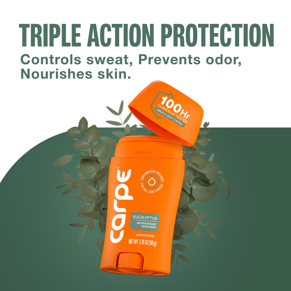 Carpe eucalyptus on bathroom counter lifestyle image showing daily routine benefit