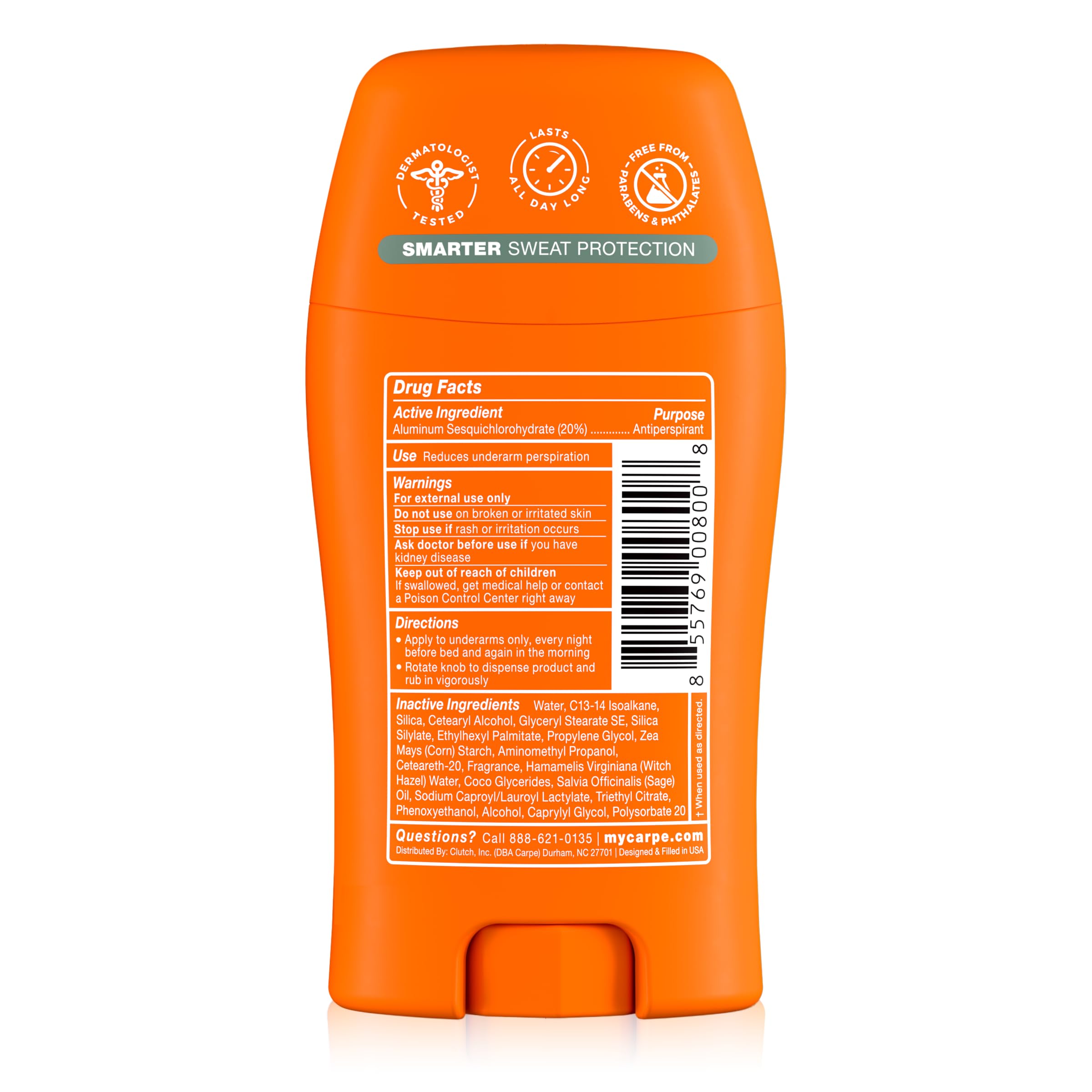 Carpe ingredient list and free-from badges emphasizing skin-safe formula