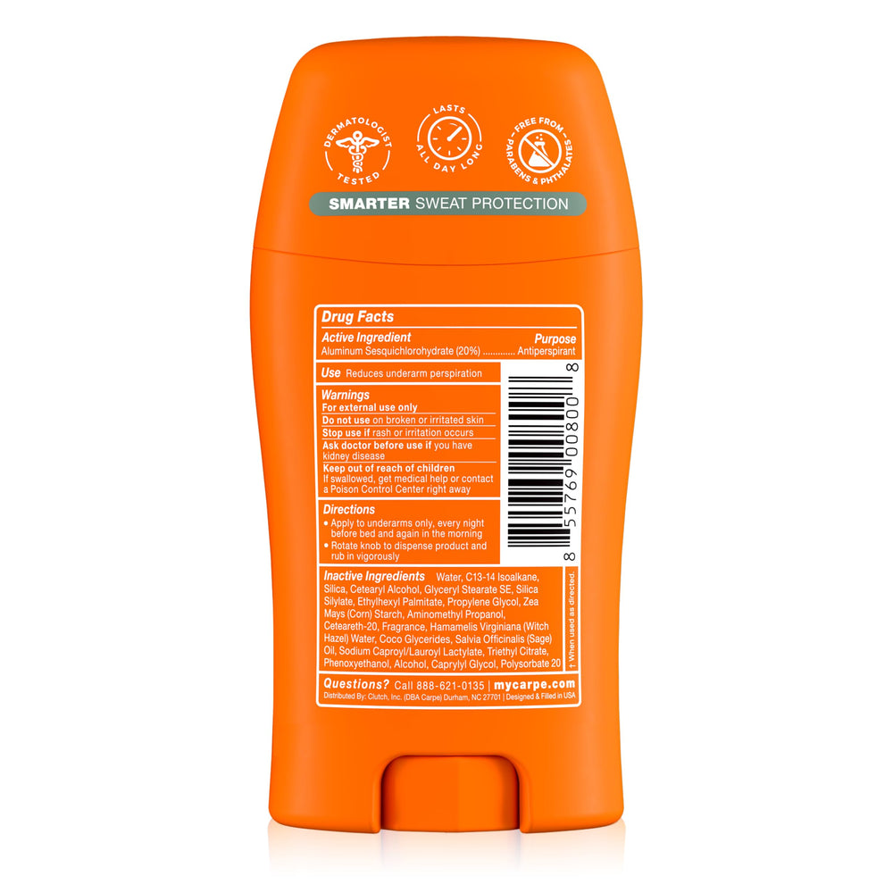Carpe ingredient list and free-from badges emphasizing skin-safe formula