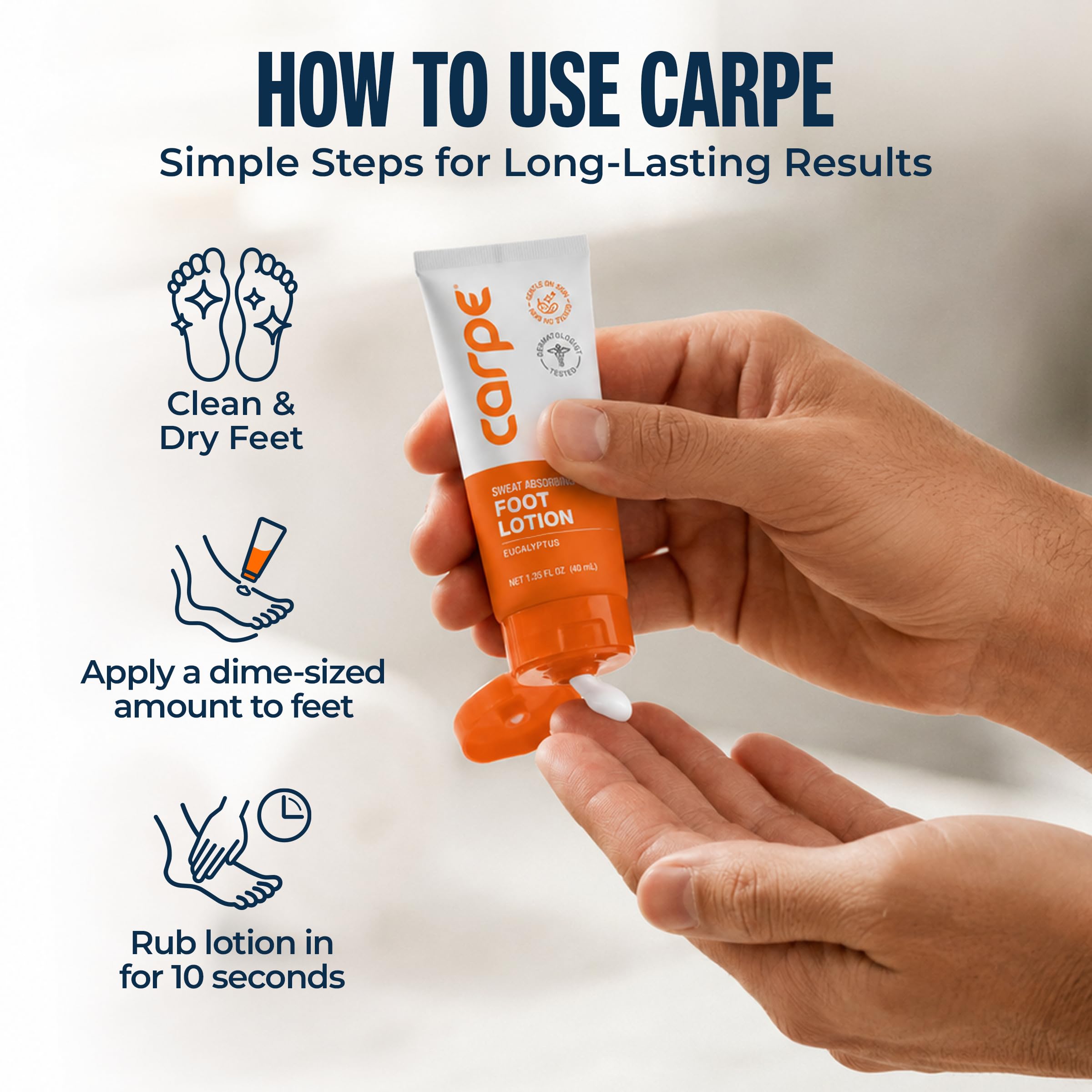 Carpe demonstration of applying lotion between toes for targeted control