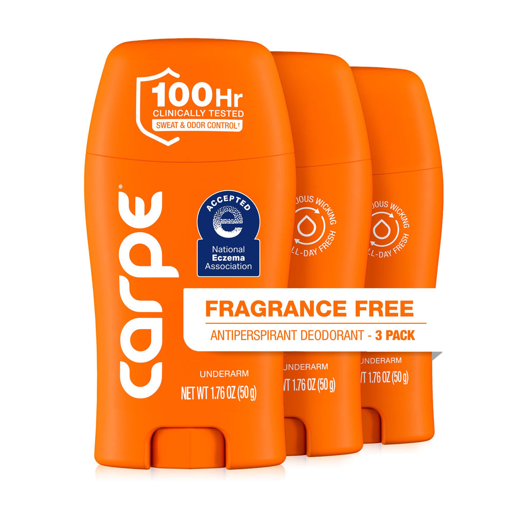 Carpe fragrance free front packaging showing clinical strength and 3-pack convenience