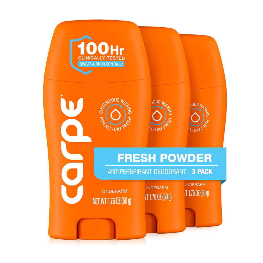 Carpe front packaging showing Fresh Powder scent and 3-pack convenience