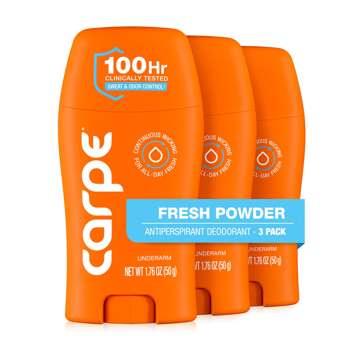 Carpe front packaging showing Fresh Powder scent and 3-pack convenience
