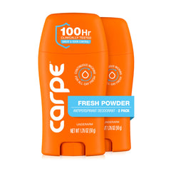 Carpe front packaging showing Fresh Powder scent and 2-pack benefit