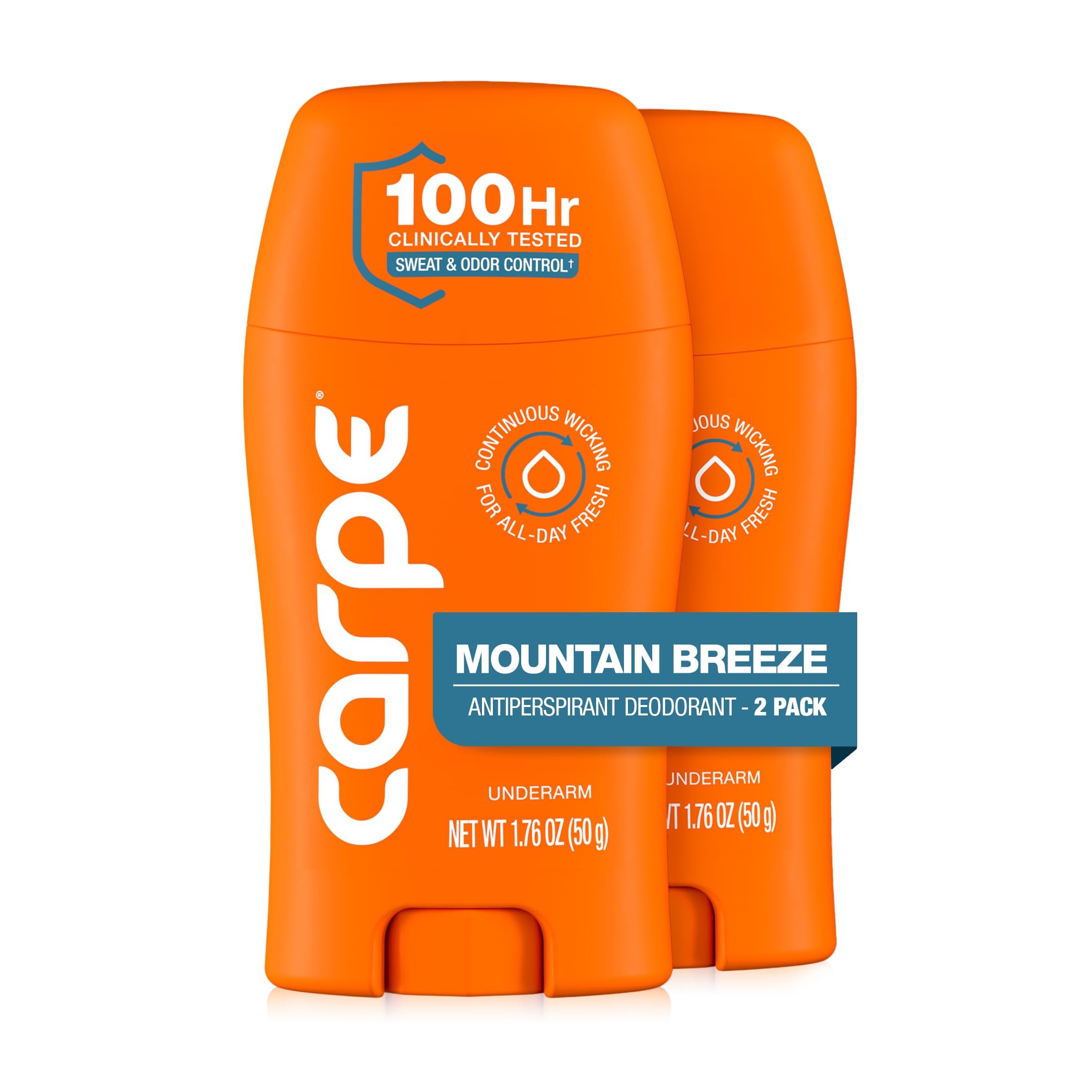 Carpe front packaging showing Mountain Breeze 2-pack and clinical strength