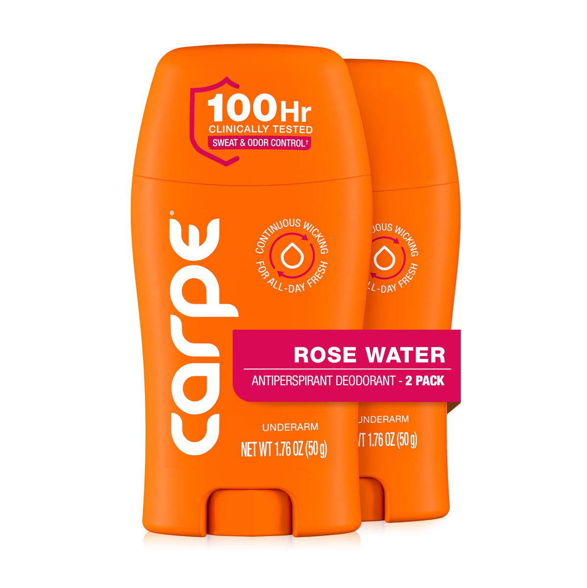 Carpe front packaging shows Rose Water scent and clinical-strength benefit