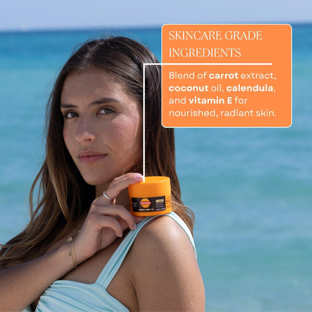 Carroten on model at beach showing quick bronzing and moisturized skin