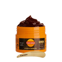 Carroten travel size front packaging showing compact tanning gel benefits