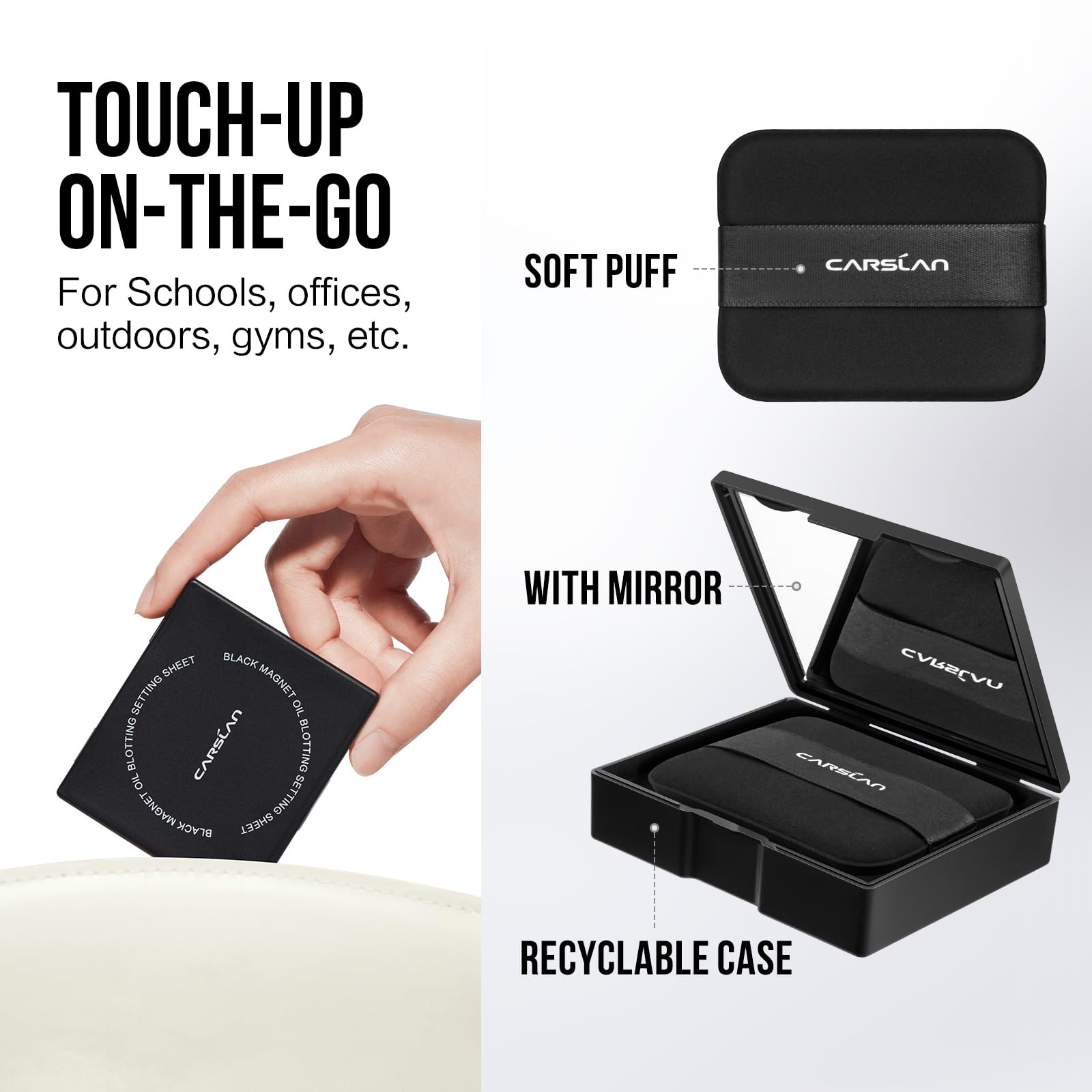 CARSLAN puff with adhesive refill pads for one-sheet pickup convenience