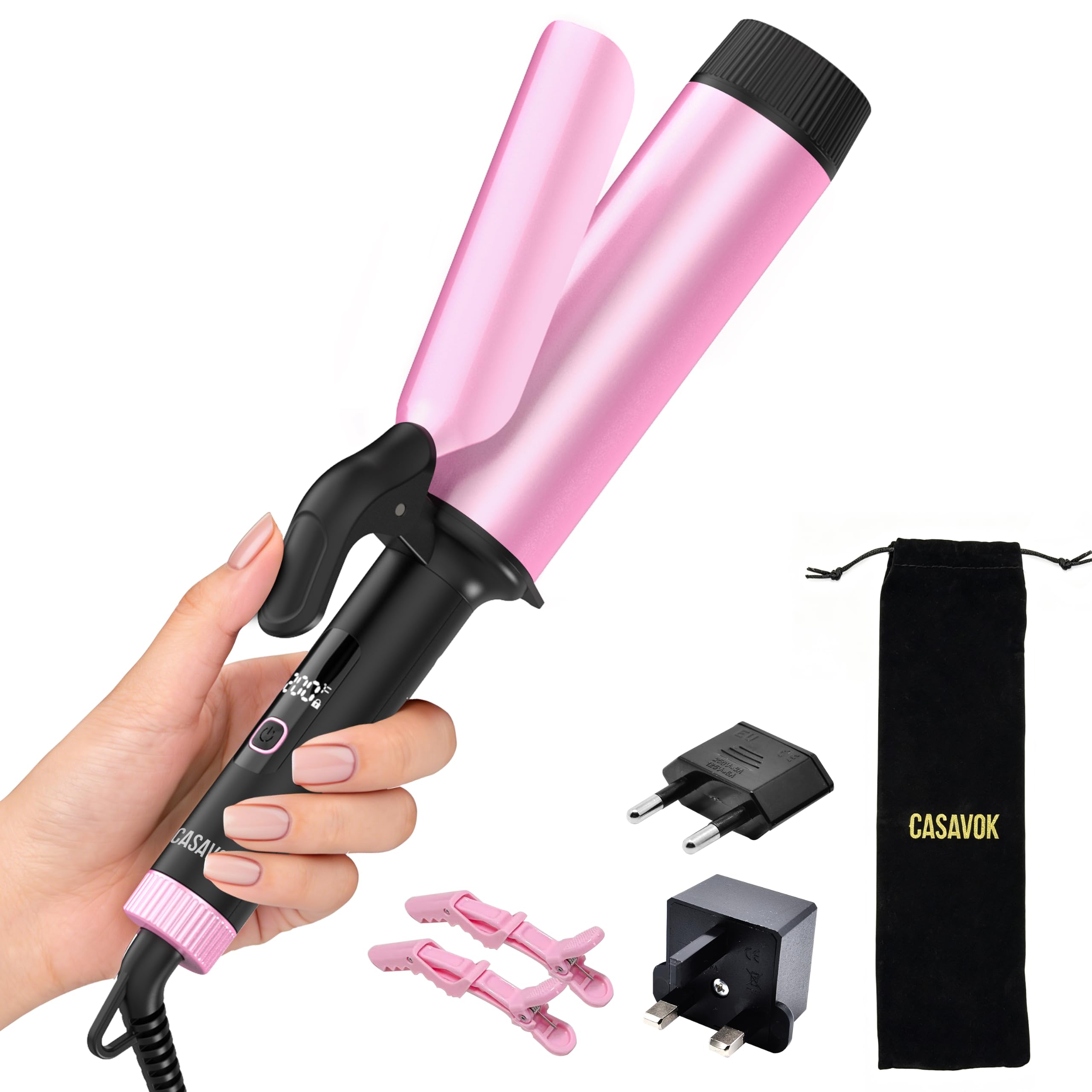 Casavok curling iron front view showing large barrel for faster styling