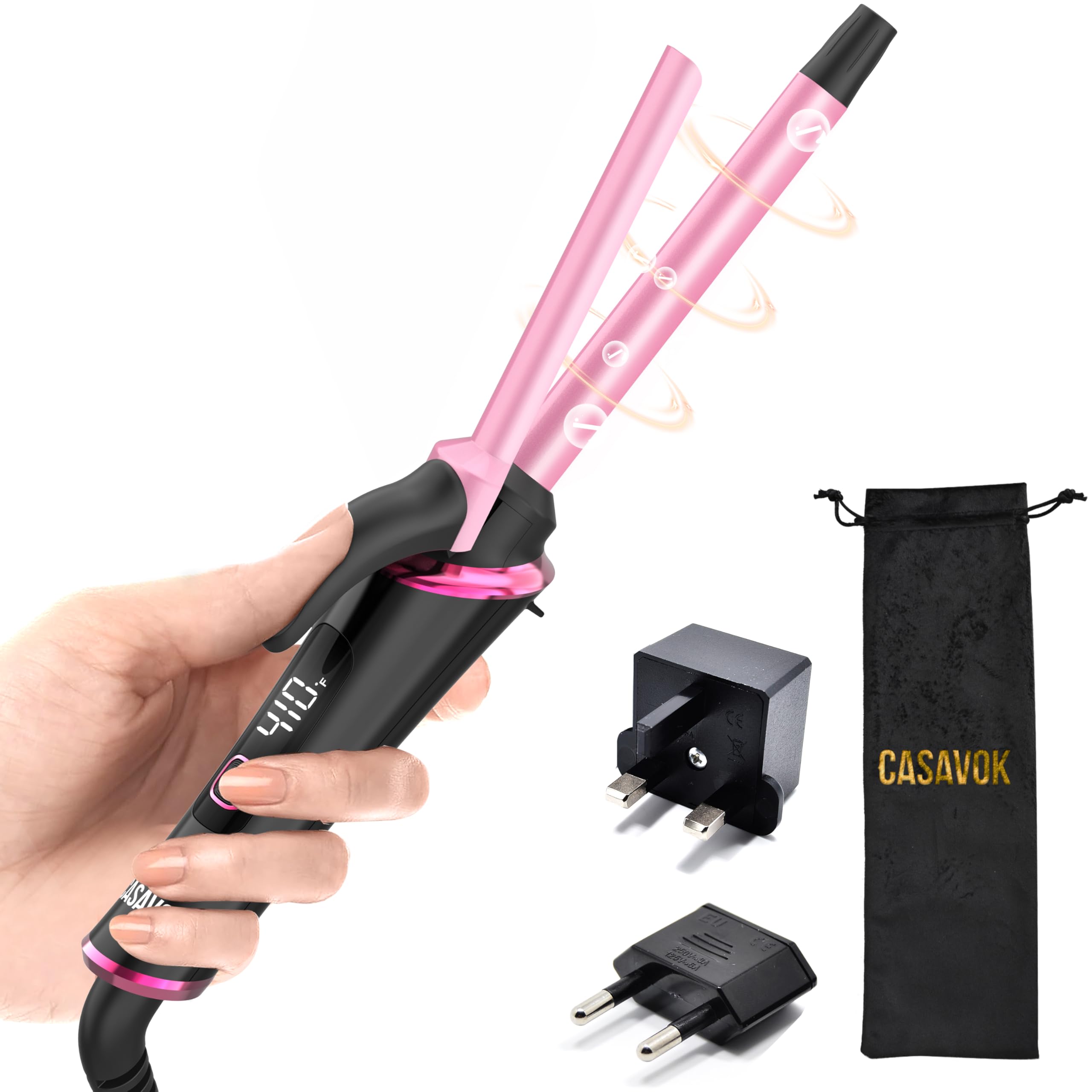 Casavok front view of mini curling iron showing compact design and portability