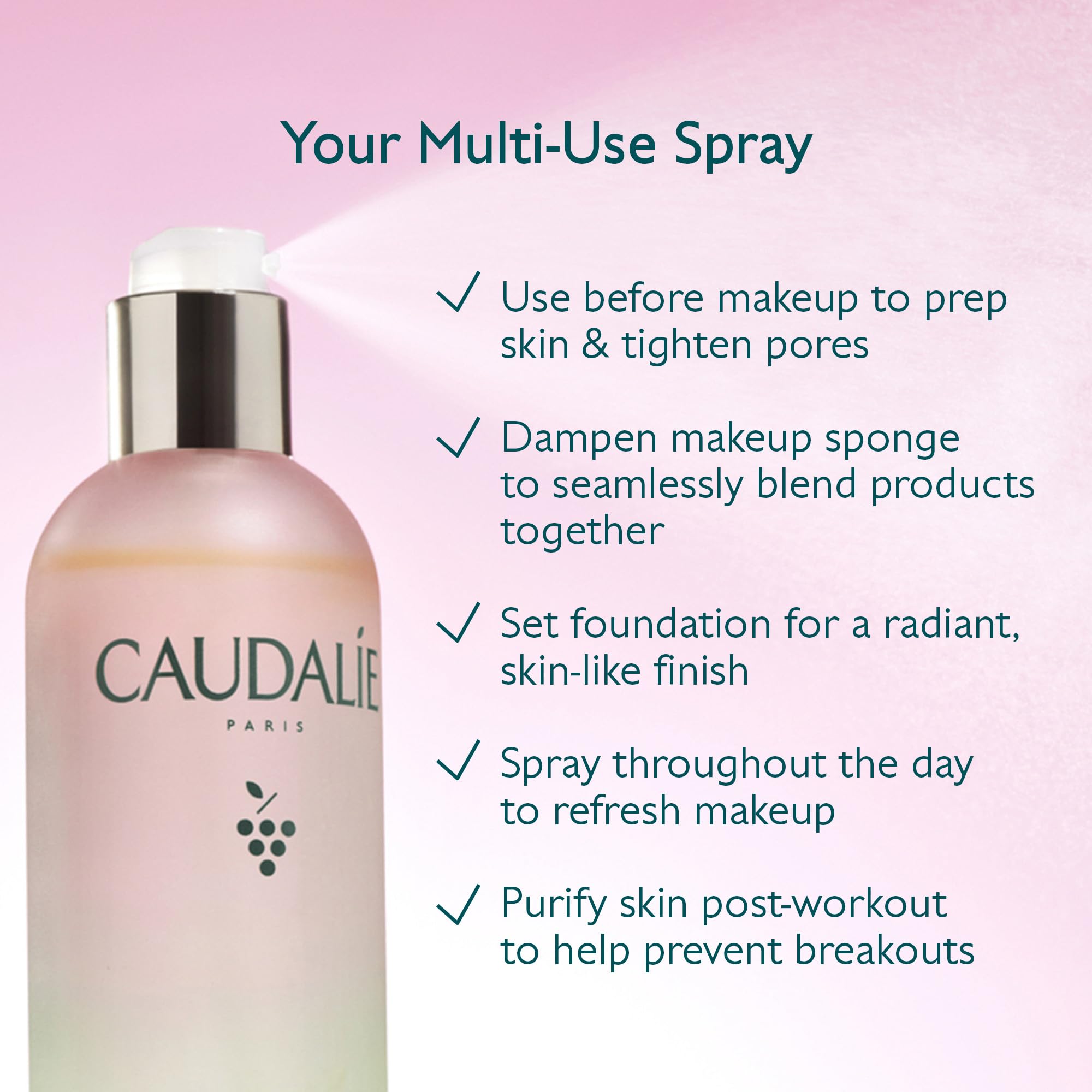 Caudalie Beauty Elixir bottle staged with fresh grapes illustrating grape water ingredient