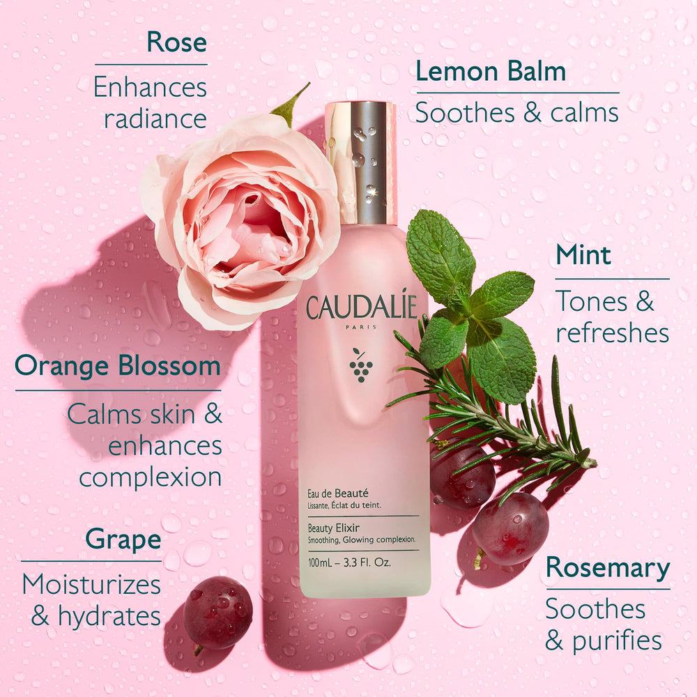 Caudalie Beauty Elixir texture close-up of fine mist droplets for instant hydration benefit