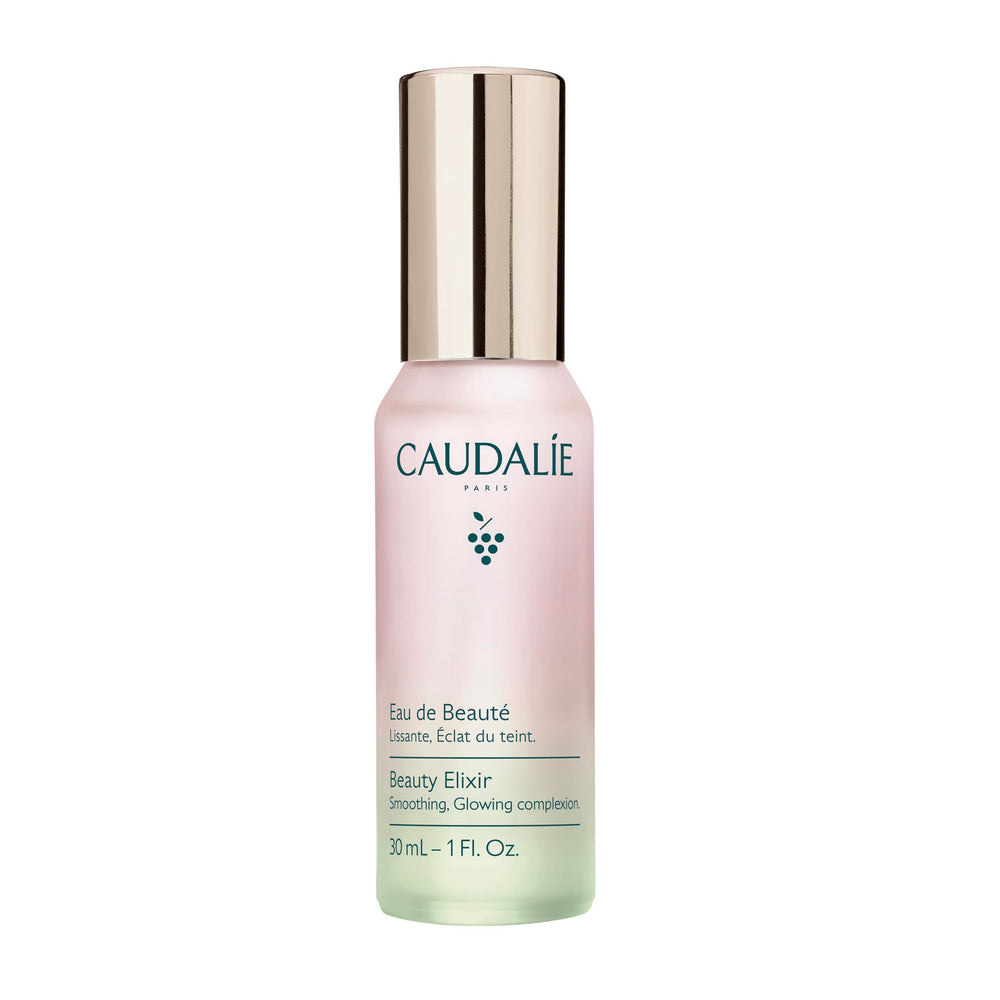 Caudalie Beauty Elixir front bottle view showing compact travel-ready design and glow