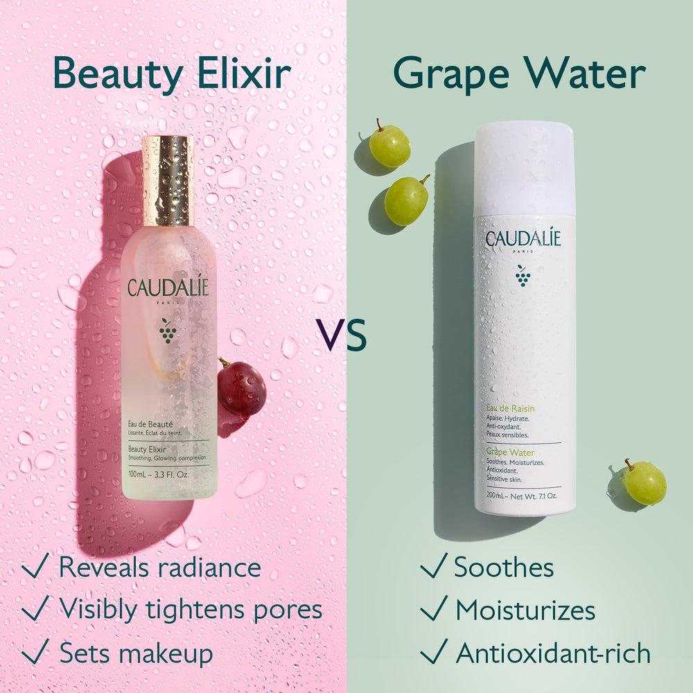 Caudalie Beauty Elixir used to set makeup on model for dewy finish and long-wear benefit