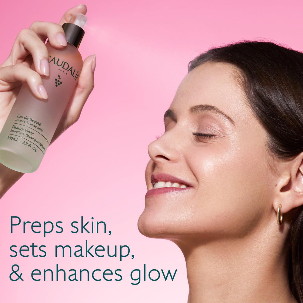 Caudalie mist nozzle spraying fine veil to set makeup quickly